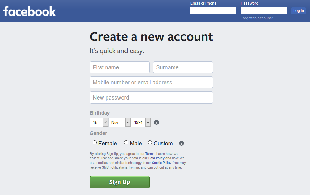 how to create a new account on facebook